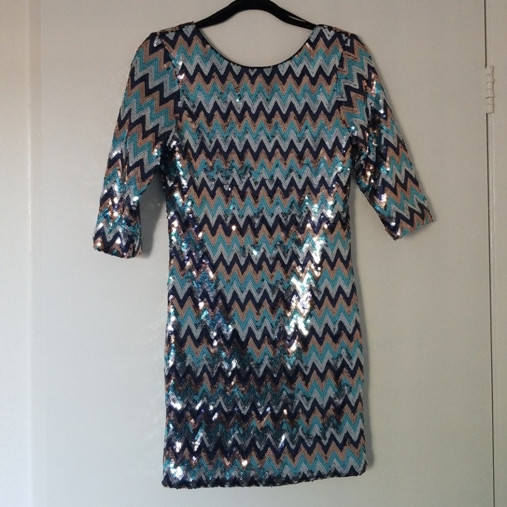 Gold, blue, light blue, silver sequined dress